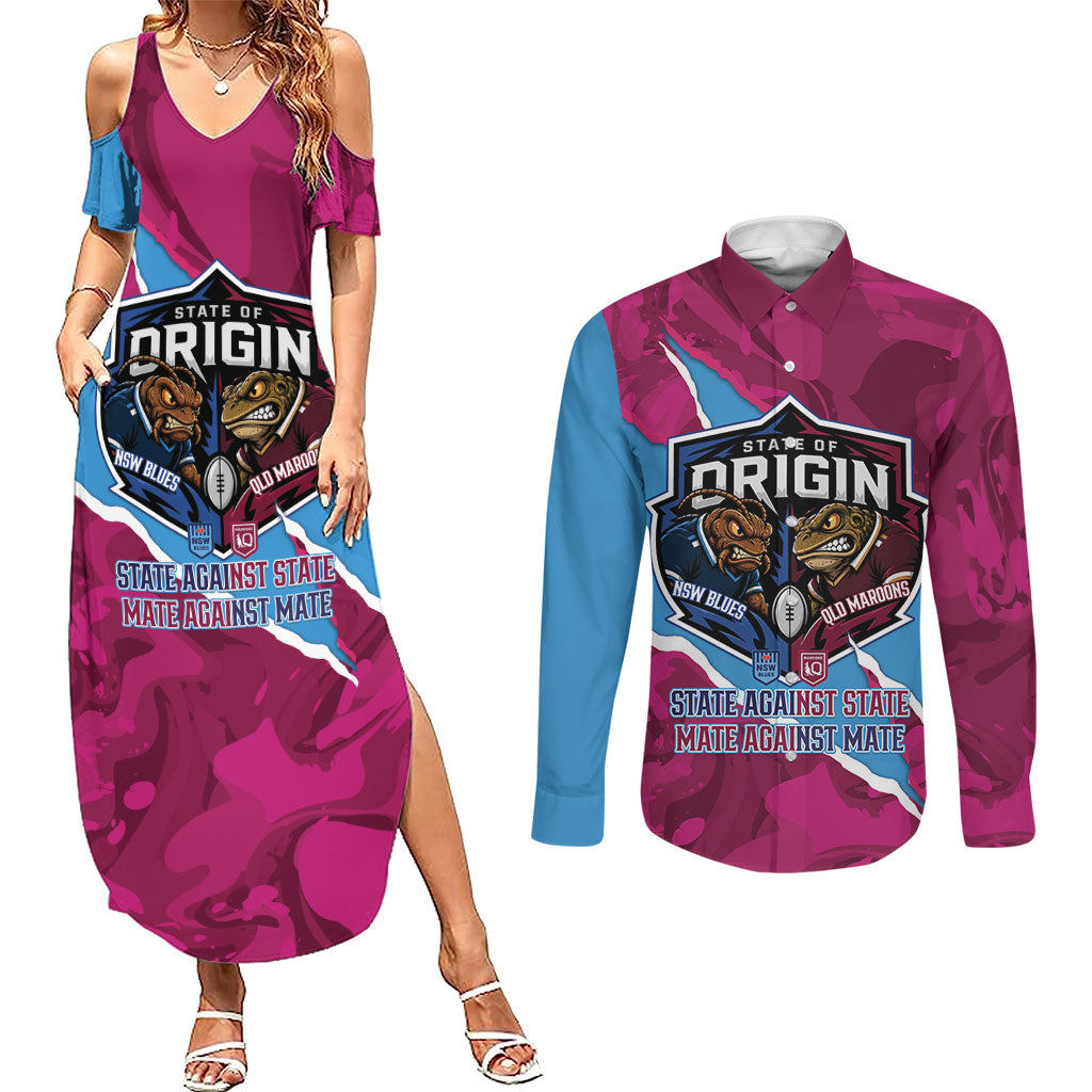 QLD Maroons and NSW Blues Personalised Couples Matching Summer Maxi Dress and Long Sleeve Button Shirt Cockroaches Cane Toads Together