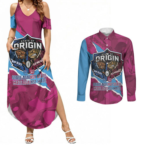 QLD Maroons and NSW Blues Personalised Couples Matching Summer Maxi Dress and Long Sleeve Button Shirt Cockroaches Cane Toads Together
