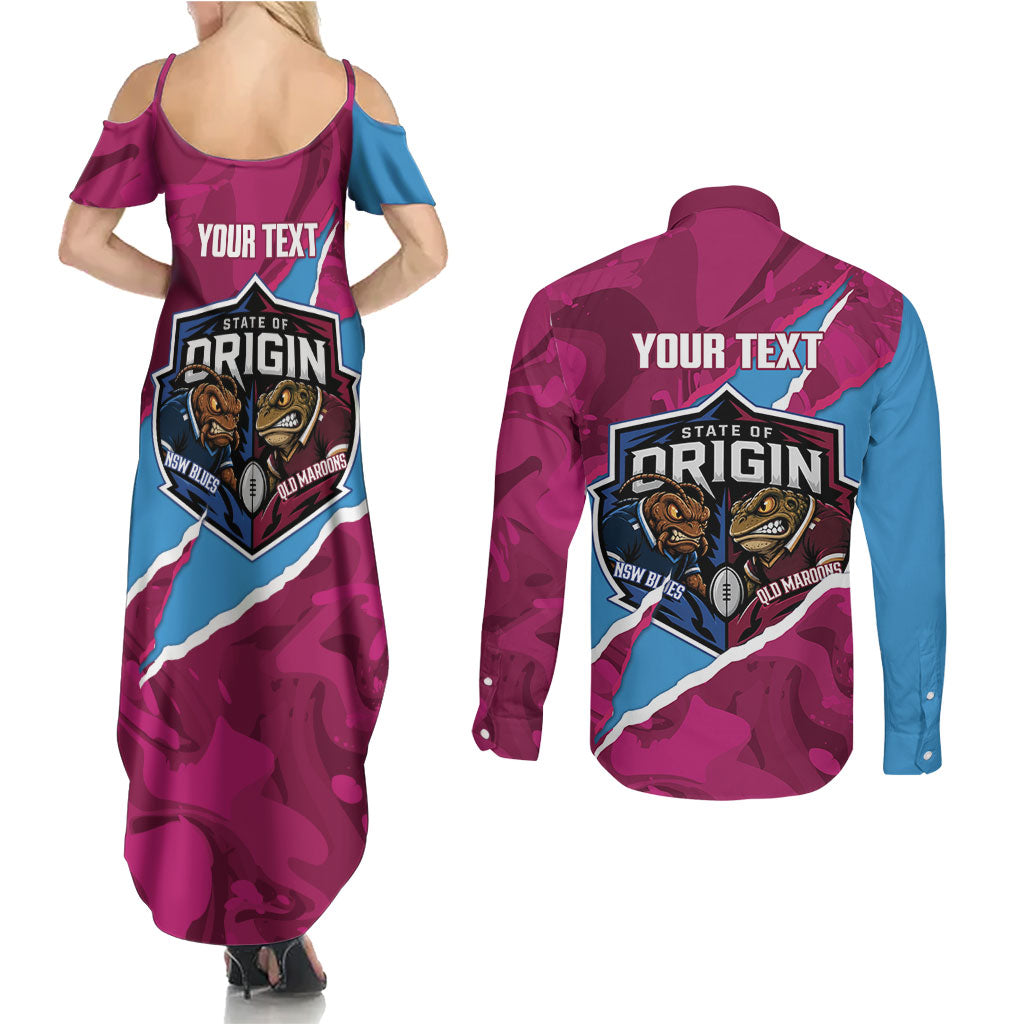 QLD Maroons and NSW Blues Personalised Couples Matching Summer Maxi Dress and Long Sleeve Button Shirt Cockroaches Cane Toads Together