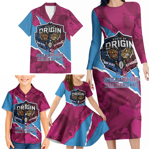 QLD Maroons and NSW Blues Personalised Family Matching Long Sleeve Bodycon Dress and Hawaiian Shirt Cockroaches Cane Toads Together