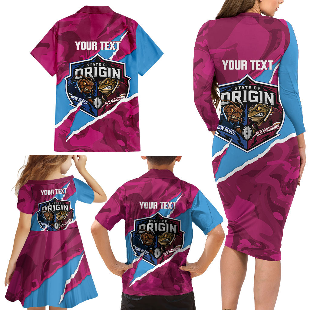 QLD Maroons and NSW Blues Personalised Family Matching Long Sleeve Bodycon Dress and Hawaiian Shirt Cockroaches Cane Toads Together