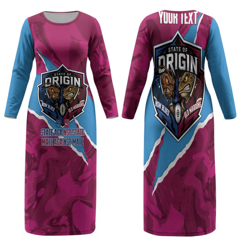 QLD Maroons and NSW Blues Personalised Family Matching Long Sleeve Bodycon Dress and Hawaiian Shirt Cockroaches Cane Toads Together