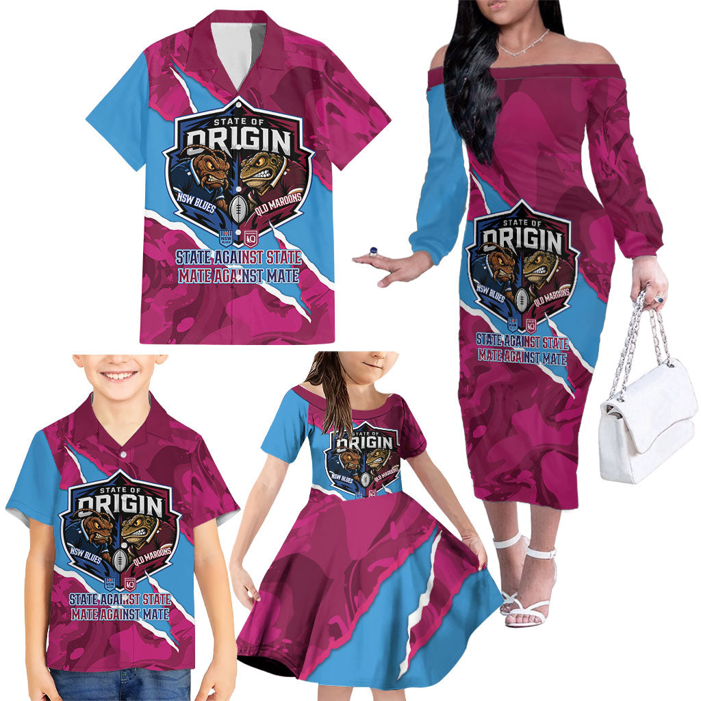 QLD Maroons and NSW Blues Personalised Family Matching Off The Shoulder Long Sleeve Dress and Hawaiian Shirt Cockroaches Cane Toads Together