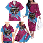 QLD Maroons and NSW Blues Personalised Family Matching Off The Shoulder Long Sleeve Dress and Hawaiian Shirt Cockroaches Cane Toads Together