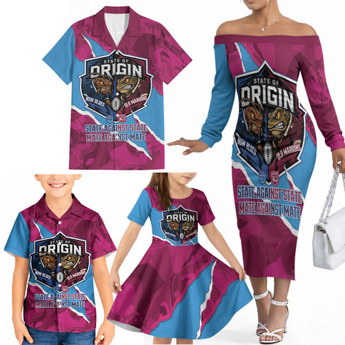 QLD Maroons and NSW Blues Personalised Family Matching Off The Shoulder Long Sleeve Dress and Hawaiian Shirt Cockroaches Cane Toads Together