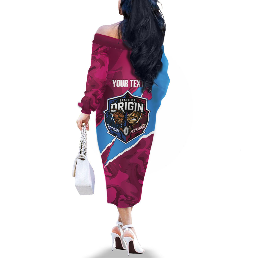 QLD Maroons and NSW Blues Personalised Family Matching Off The Shoulder Long Sleeve Dress and Hawaiian Shirt Cockroaches Cane Toads Together