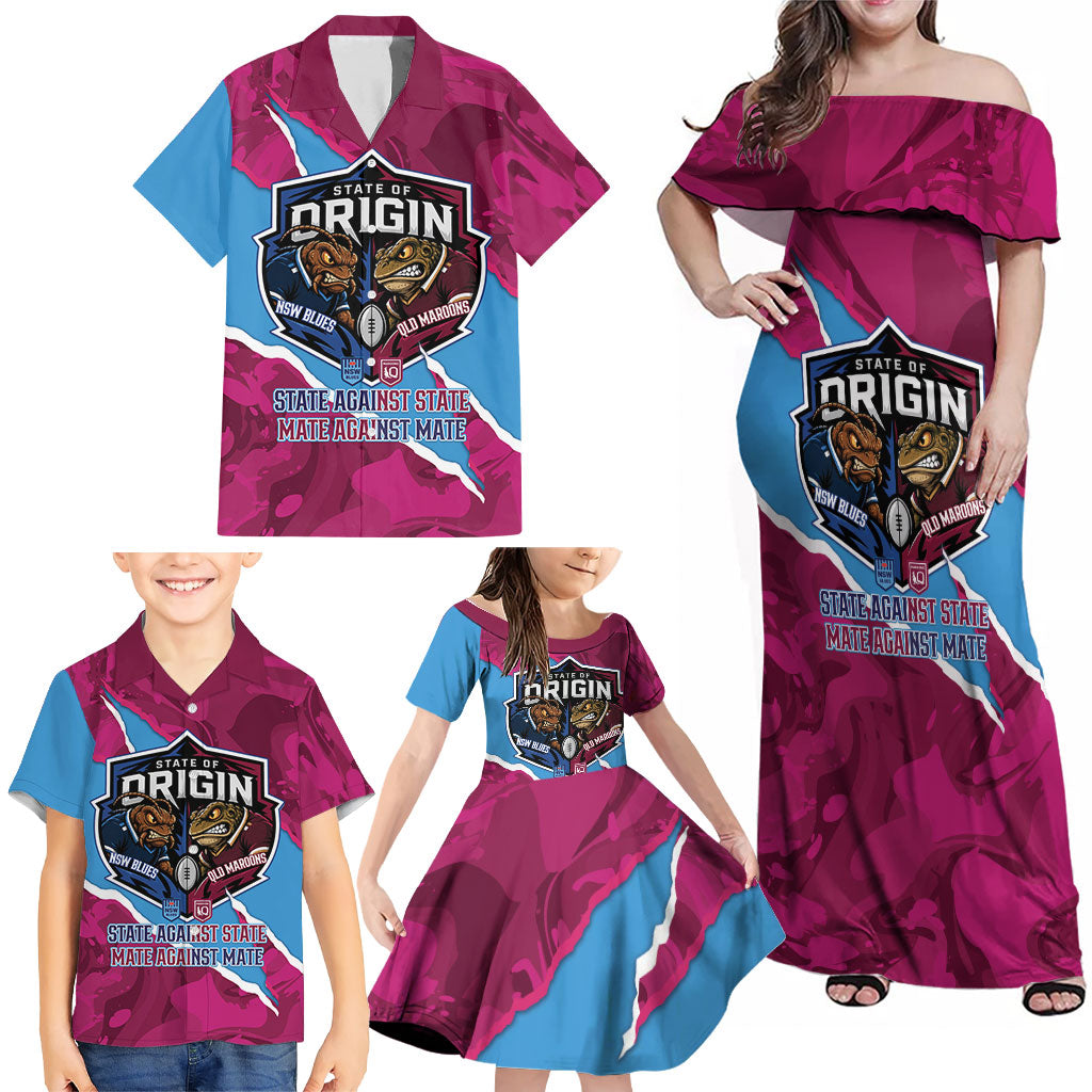QLD Maroons and NSW Blues Personalised Family Matching Off Shoulder Maxi Dress and Hawaiian Shirt Cockroaches Cane Toads Together