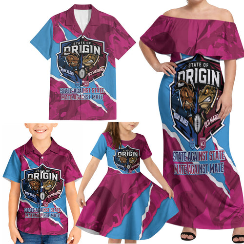 QLD Maroons and NSW Blues Personalised Family Matching Off Shoulder Maxi Dress and Hawaiian Shirt Cockroaches Cane Toads Together