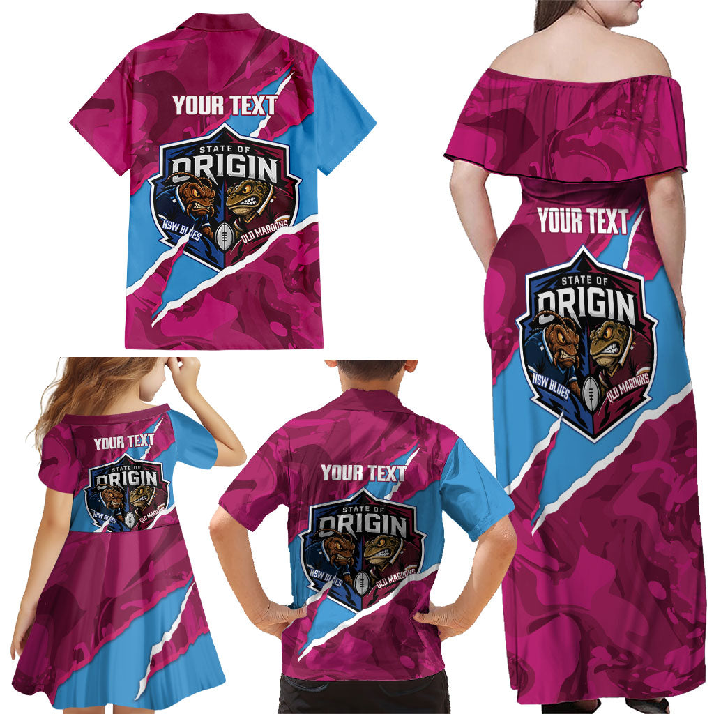 QLD Maroons and NSW Blues Personalised Family Matching Off Shoulder Maxi Dress and Hawaiian Shirt Cockroaches Cane Toads Together