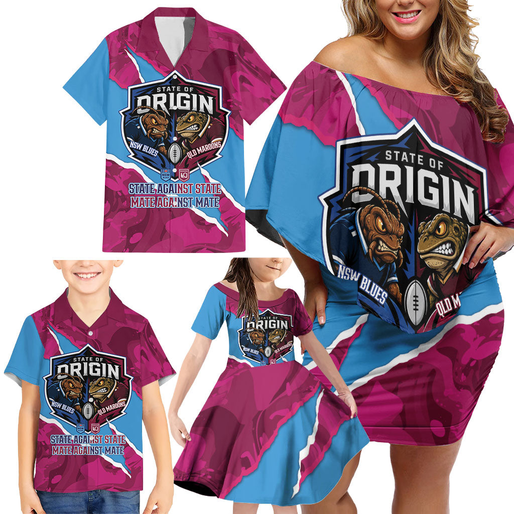 QLD Maroons and NSW Blues Personalised Family Matching Off Shoulder Short Dress and Hawaiian Shirt Cockroaches Cane Toads Together