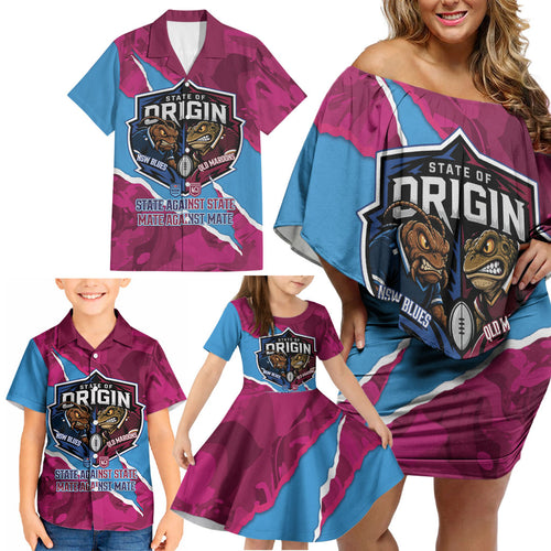 QLD Maroons and NSW Blues Personalised Family Matching Off Shoulder Short Dress and Hawaiian Shirt Cockroaches Cane Toads Together