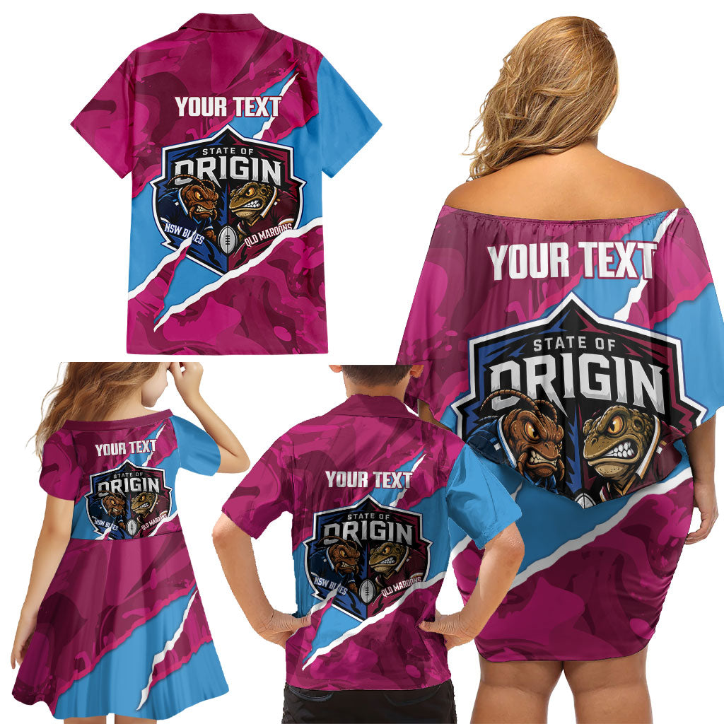 QLD Maroons and NSW Blues Personalised Family Matching Off Shoulder Short Dress and Hawaiian Shirt Cockroaches Cane Toads Together