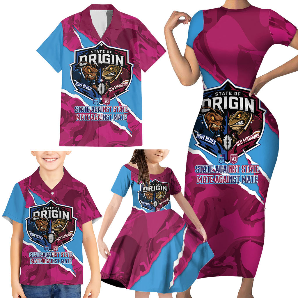 QLD Maroons and NSW Blues Personalised Family Matching Short Sleeve Bodycon Dress and Hawaiian Shirt Cockroaches Cane Toads Together
