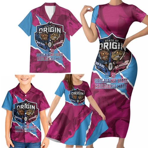 QLD Maroons and NSW Blues Personalised Family Matching Short Sleeve Bodycon Dress and Hawaiian Shirt Cockroaches Cane Toads Together