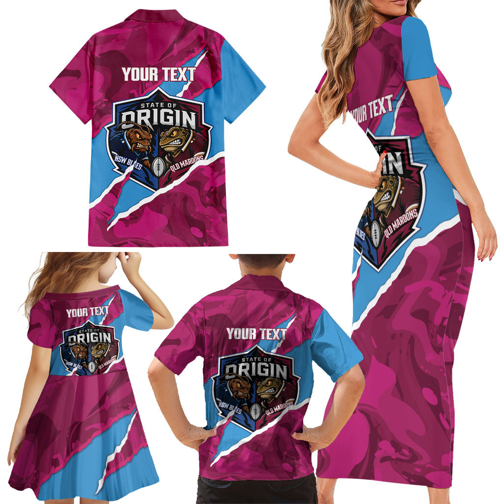 QLD Maroons and NSW Blues Personalised Family Matching Short Sleeve Bodycon Dress and Hawaiian Shirt Cockroaches Cane Toads Together