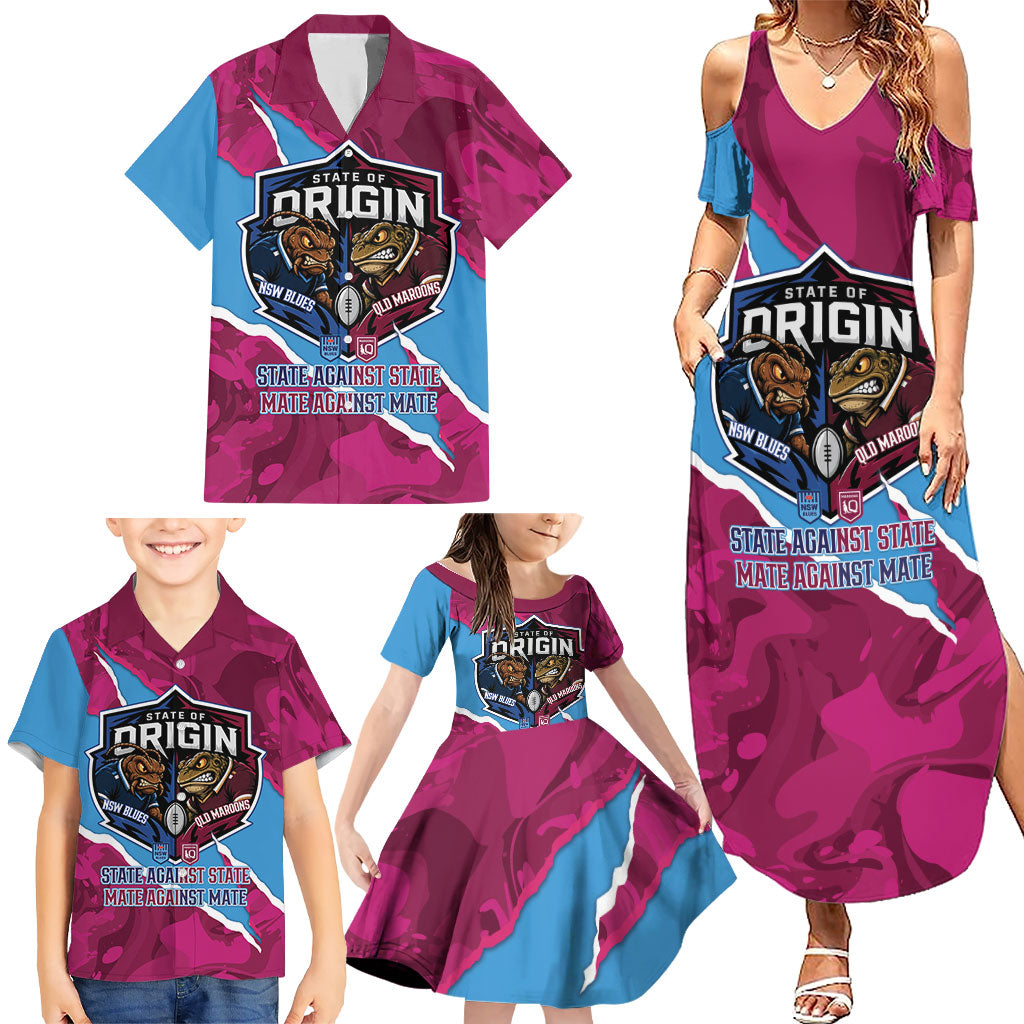 QLD Maroons and NSW Blues Personalised Family Matching Summer Maxi Dress and Hawaiian Shirt Cockroaches Cane Toads Together