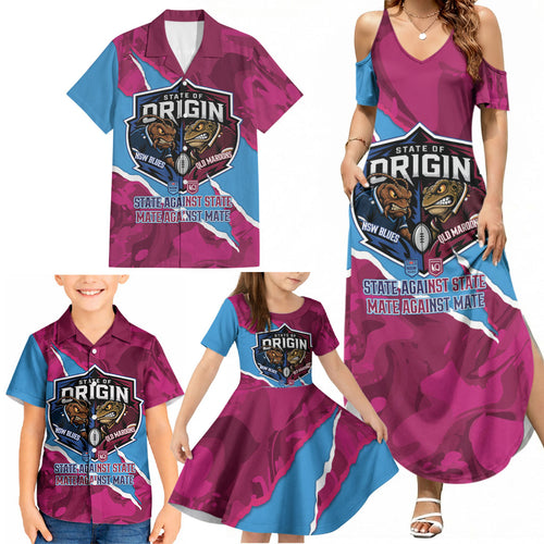 QLD Maroons and NSW Blues Personalised Family Matching Summer Maxi Dress and Hawaiian Shirt Cockroaches Cane Toads Together