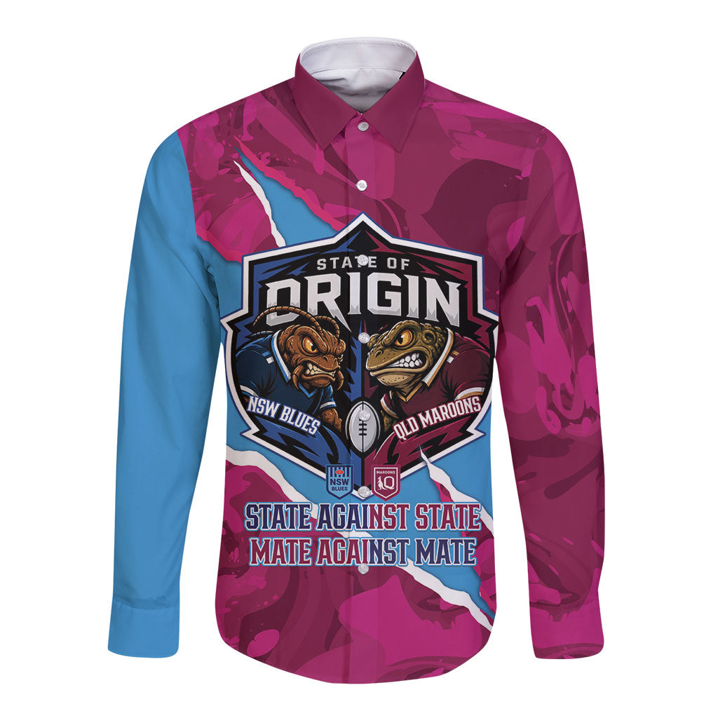 QLD Maroons and NSW Blues Personalised Long Sleeve Button Shirt Cockroaches Cane Toads Together