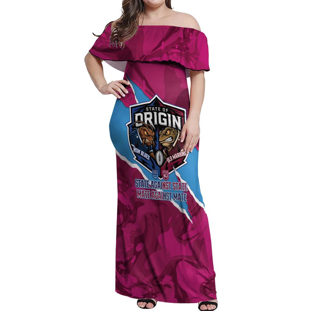 QLD Maroons and NSW Blues Personalised Off Shoulder Maxi Dress Cockroaches Cane Toads Together
