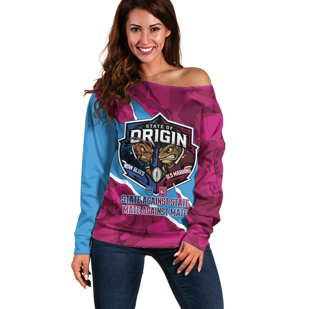 QLD Maroons and NSW Blues Personalised Off Shoulder Sweater Cockroaches Cane Toads Together