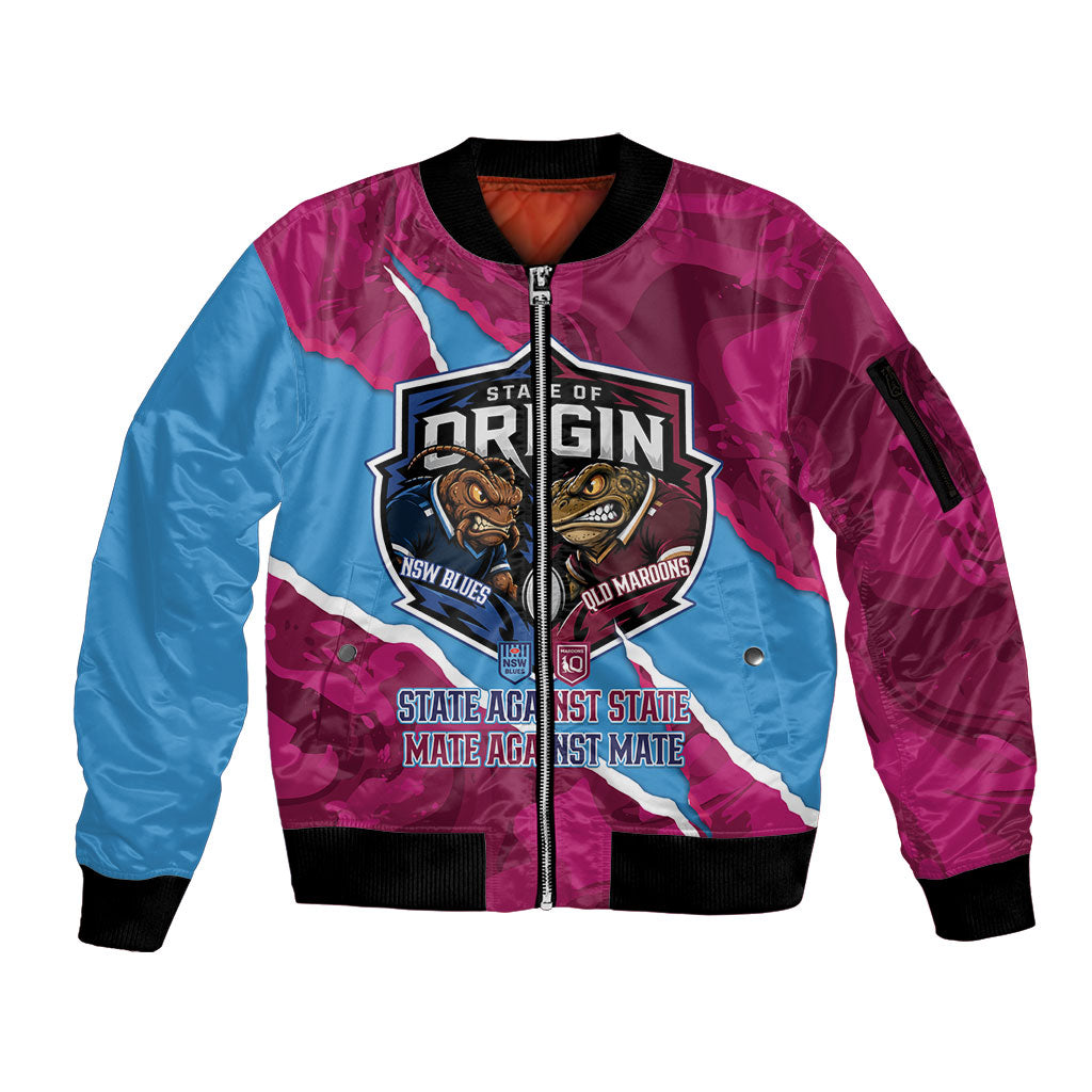 QLD Maroons and NSW Blues Personalised Sleeve Zip Bomber Jacket Cockroaches Cane Toads Together