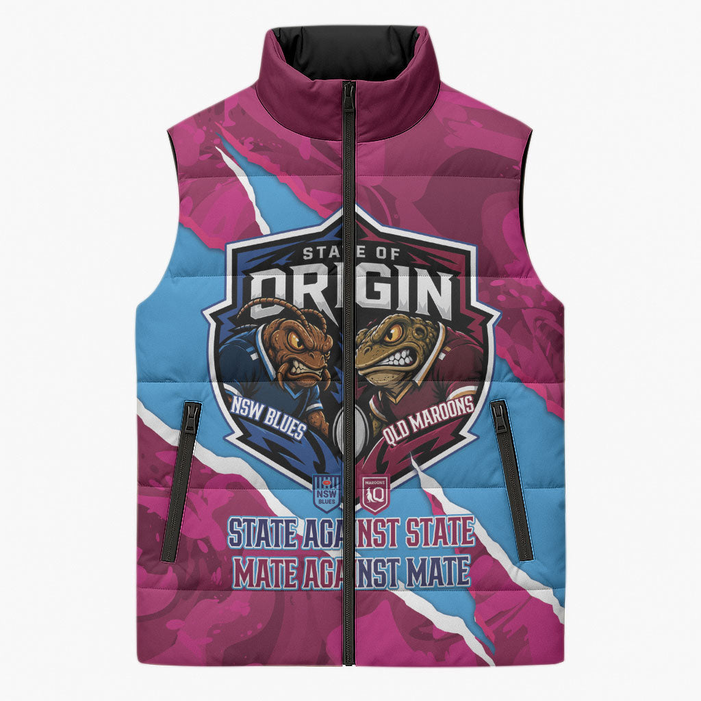 QLD Maroons and NSW Blues Personalised Sleeveless Puffer Jacket Cockroaches Cane Toads Together