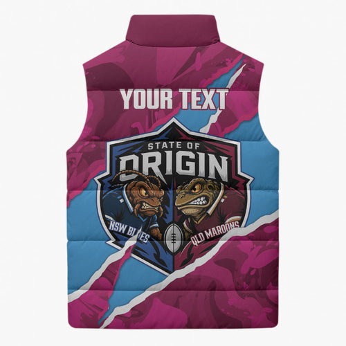 QLD Maroons and NSW Blues Personalised Sleeveless Puffer Jacket Cockroaches Cane Toads Together