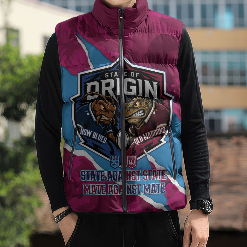 QLD Maroons and NSW Blues Personalised Sleeveless Puffer Jacket Cockroaches Cane Toads Together