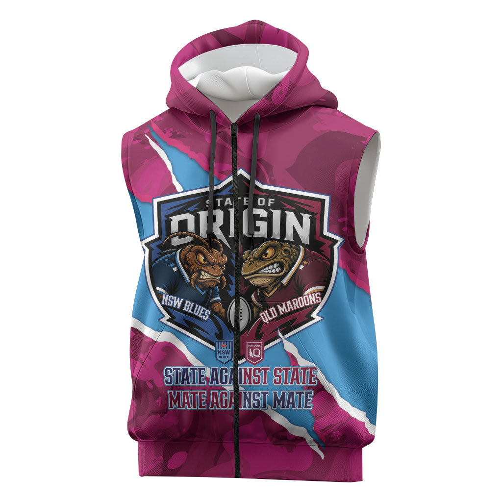 QLD Maroons and NSW Blues Personalised Sleeveless Zip Hoodie Cockroaches Cane Toads Together