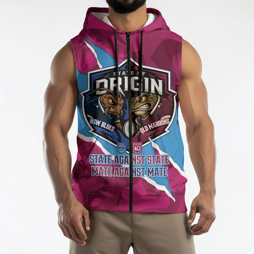 QLD Maroons and NSW Blues Personalised Sleeveless Zip Hoodie Cockroaches Cane Toads Together