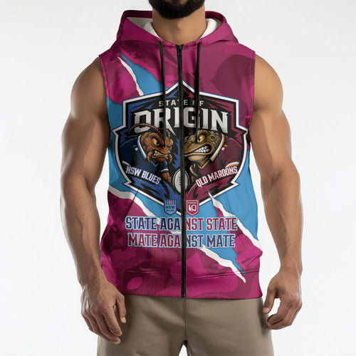 QLD Maroons and NSW Blues Personalised Sleeveless Zip Hoodie Cockroaches Cane Toads Together
