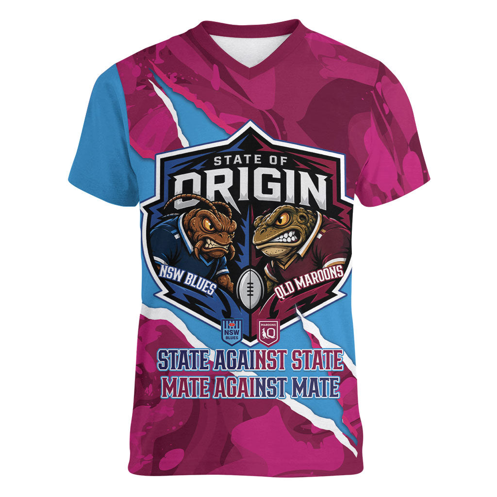 QLD Maroons and NSW Blues Personalised Women V-Neck T-Shirt Cockroaches Cane Toads Together