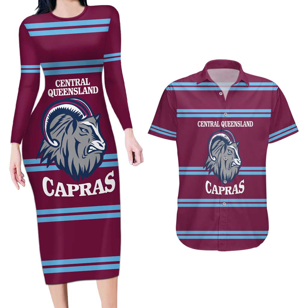 Central Queensland Rugby Custom Couples Matching Long Sleeve Bodycon Dress and Hawaiian Shirt Go Capras Sporty Style - Aussie Hoodie