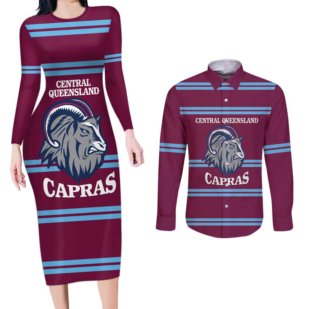 Central Queensland Rugby Custom Couples Matching Long Sleeve Bodycon Dress and Long Sleeve Button Shirt Go Capras Sporty Style - Aussie Hoodie