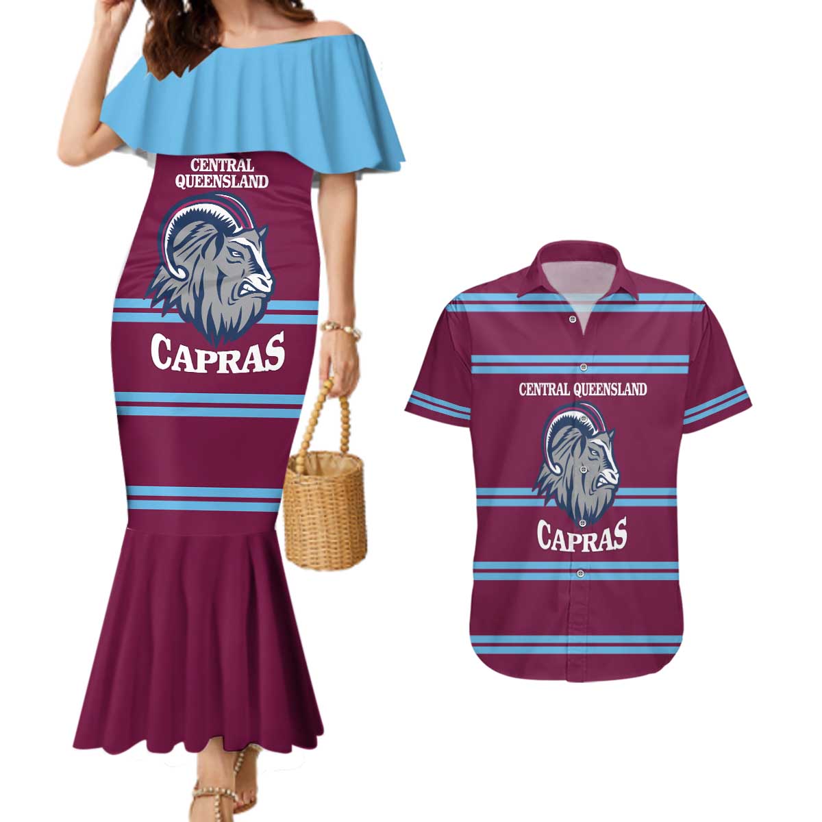 Central Queensland Rugby Custom Couples Matching Mermaid Dress and Hawaiian Shirt Go Capras Sporty Style - Aussie Hoodie