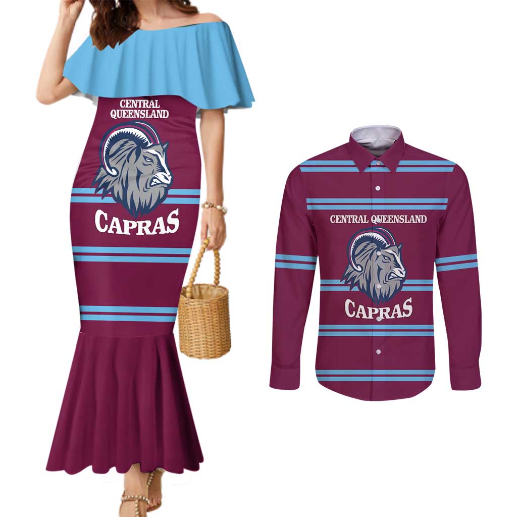 Central Queensland Rugby Custom Couples Matching Mermaid Dress and Long Sleeve Button Shirt Go Capras Sporty Style - Aussie Hoodie
