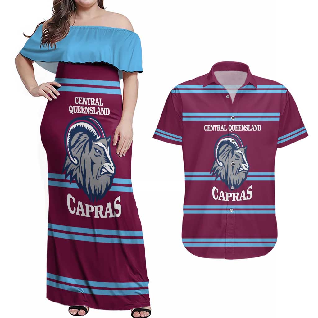 Central Queensland Rugby Custom Couples Matching Off Shoulder Maxi Dress and Hawaiian Shirt Go Capras Sporty Style - Aussie Hoodie