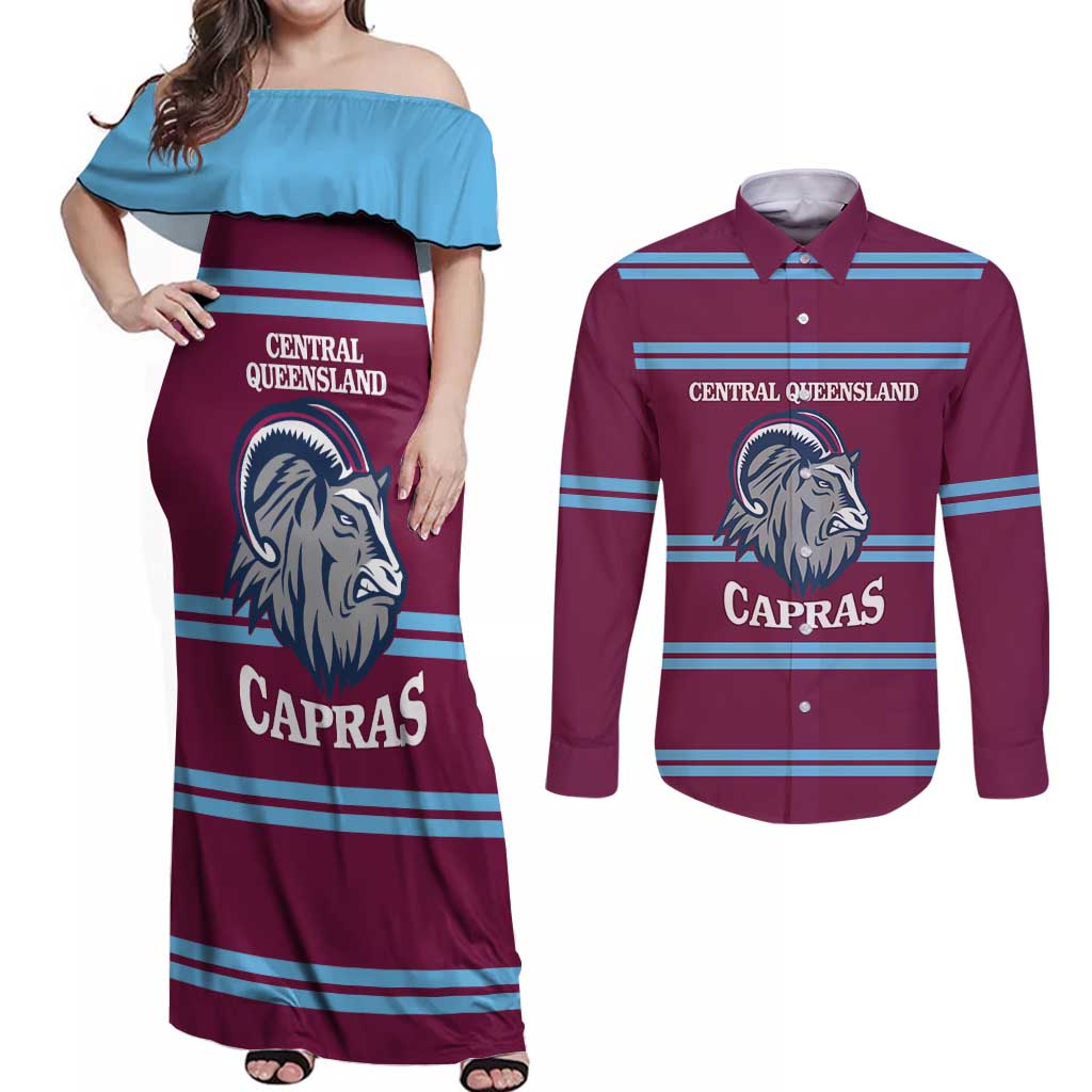 Central Queensland Rugby Custom Couples Matching Off Shoulder Maxi Dress and Long Sleeve Button Shirt Go Capras Sporty Style - Aussie Hoodie