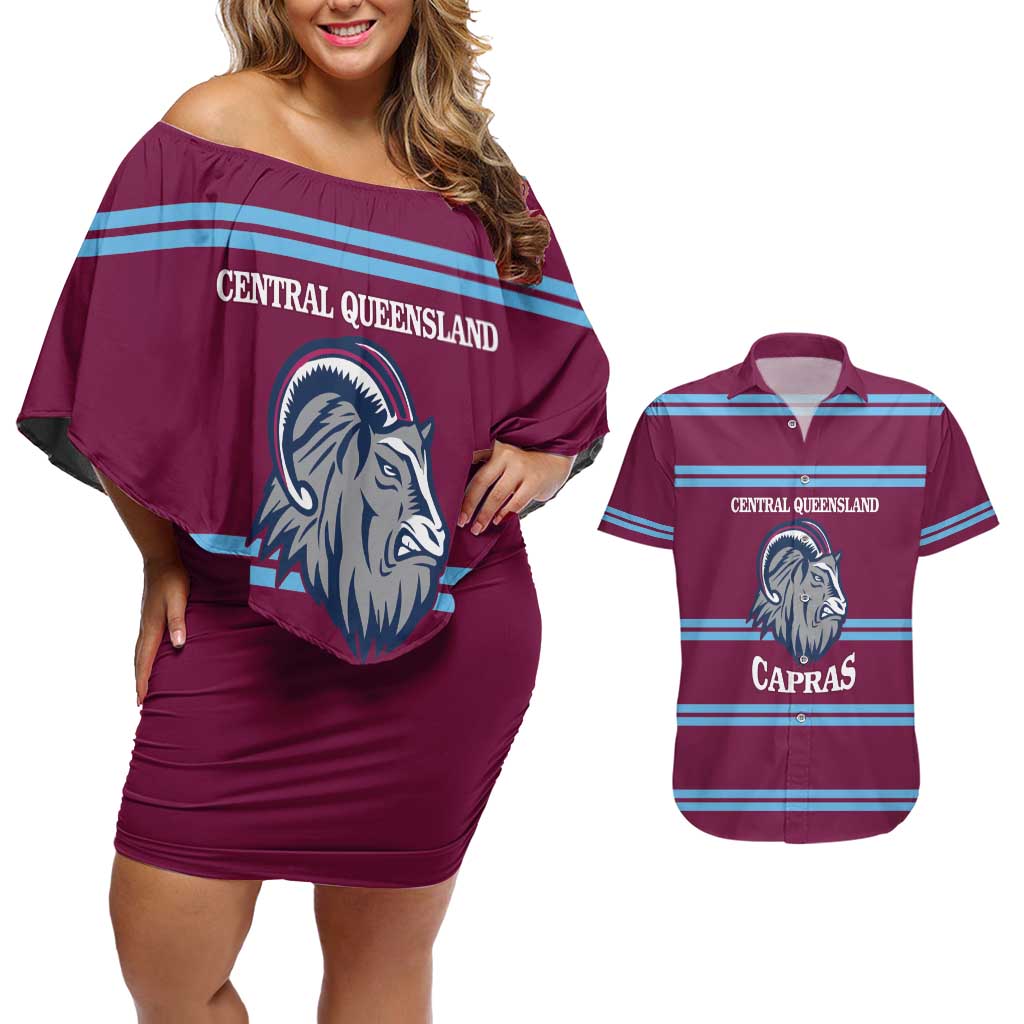 Central Queensland Rugby Custom Couples Matching Off Shoulder Short Dress and Hawaiian Shirt Go Capras Sporty Style - Aussie Hoodie