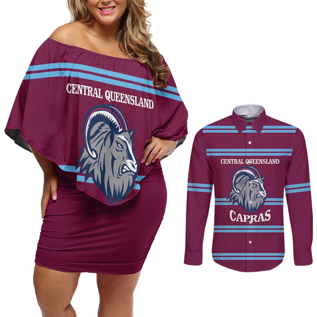 Central Queensland Rugby Custom Couples Matching Off Shoulder Short Dress and Long Sleeve Button Shirt Go Capras Sporty Style - Aussie Hoodie