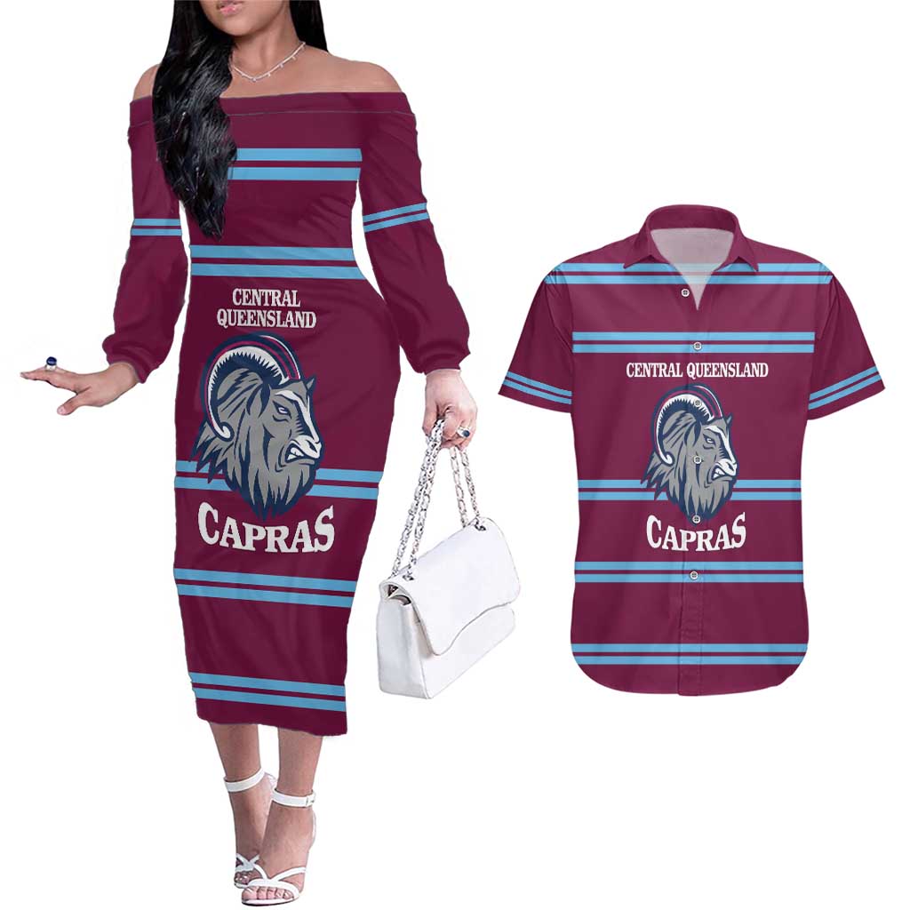 Central Queensland Rugby Custom Couples Matching Off The Shoulder Long Sleeve Dress and Hawaiian Shirt Go Capras Sporty Style - Aussie Hoodie