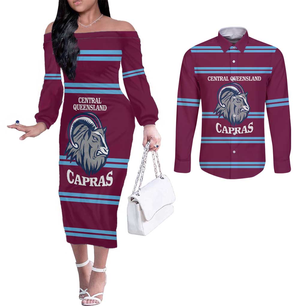 Central Queensland Rugby Custom Couples Matching Off The Shoulder Long Sleeve Dress and Long Sleeve Button Shirt Go Capras Sporty Style - Aussie Hoodie