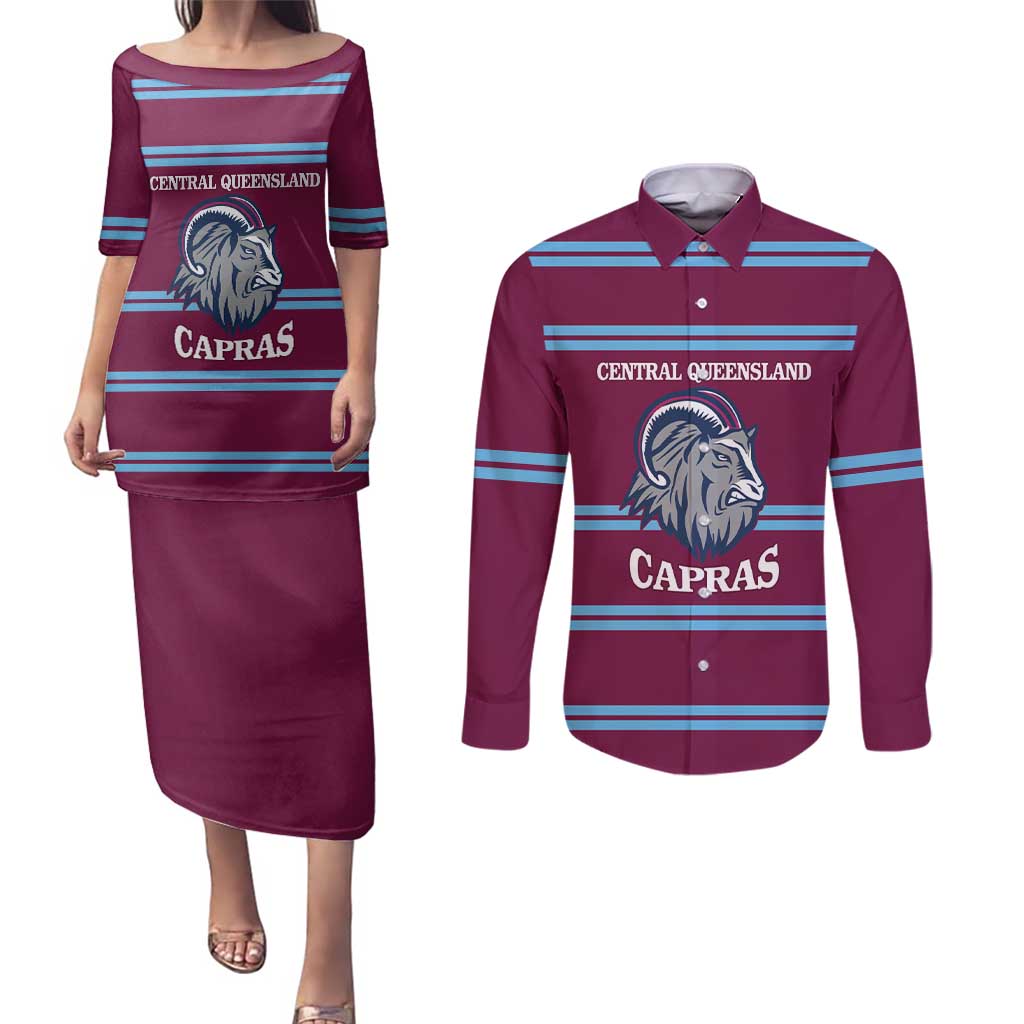 Central Queensland Rugby Custom Couples Matching Puletasi and Long Sleeve Button Shirt Go Capras Sporty Style - Aussie Hoodie