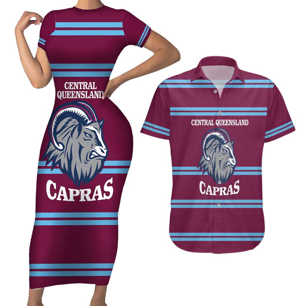 Central Queensland Rugby Custom Couples Matching Short Sleeve Bodycon Dress and Hawaiian Shirt Go Capras Sporty Style - Aussie Hoodie