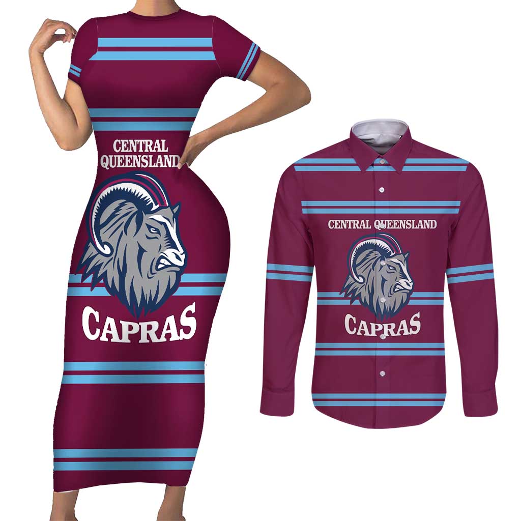 Central Queensland Rugby Custom Couples Matching Short Sleeve Bodycon Dress and Long Sleeve Button Shirt Go Capras Sporty Style - Aussie Hoodie