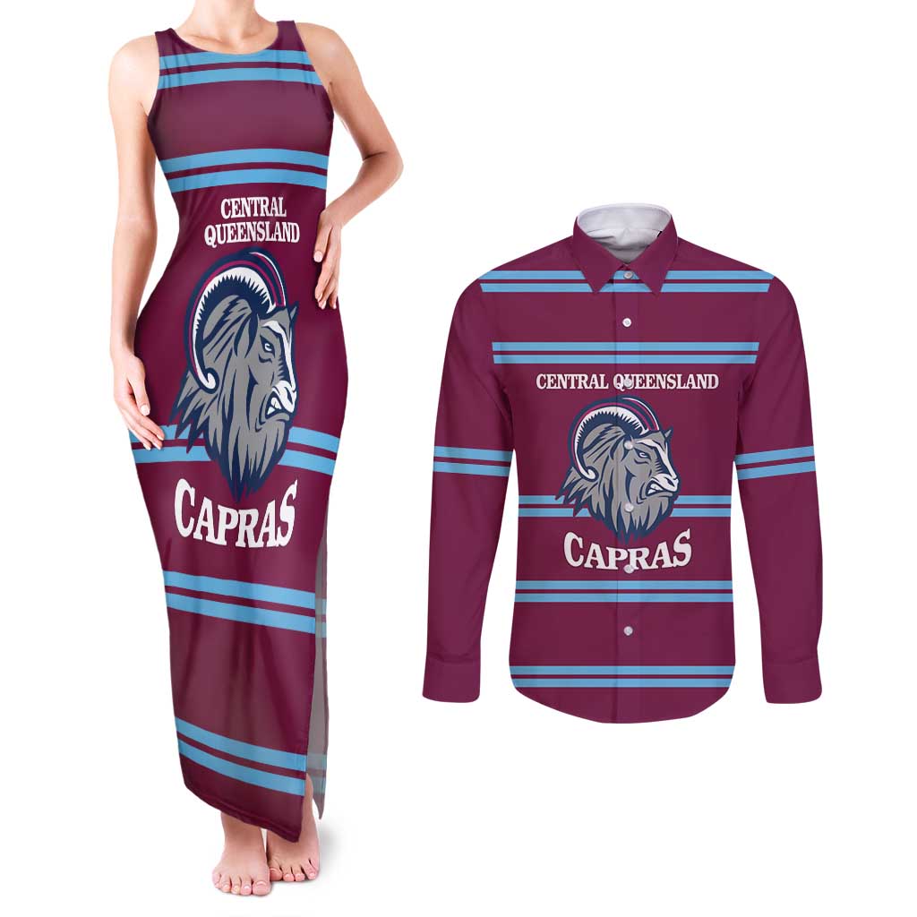 Central Queensland Rugby Custom Couples Matching Tank Maxi Dress and Long Sleeve Button Shirt Go Capras Sporty Style - Aussie Hoodie