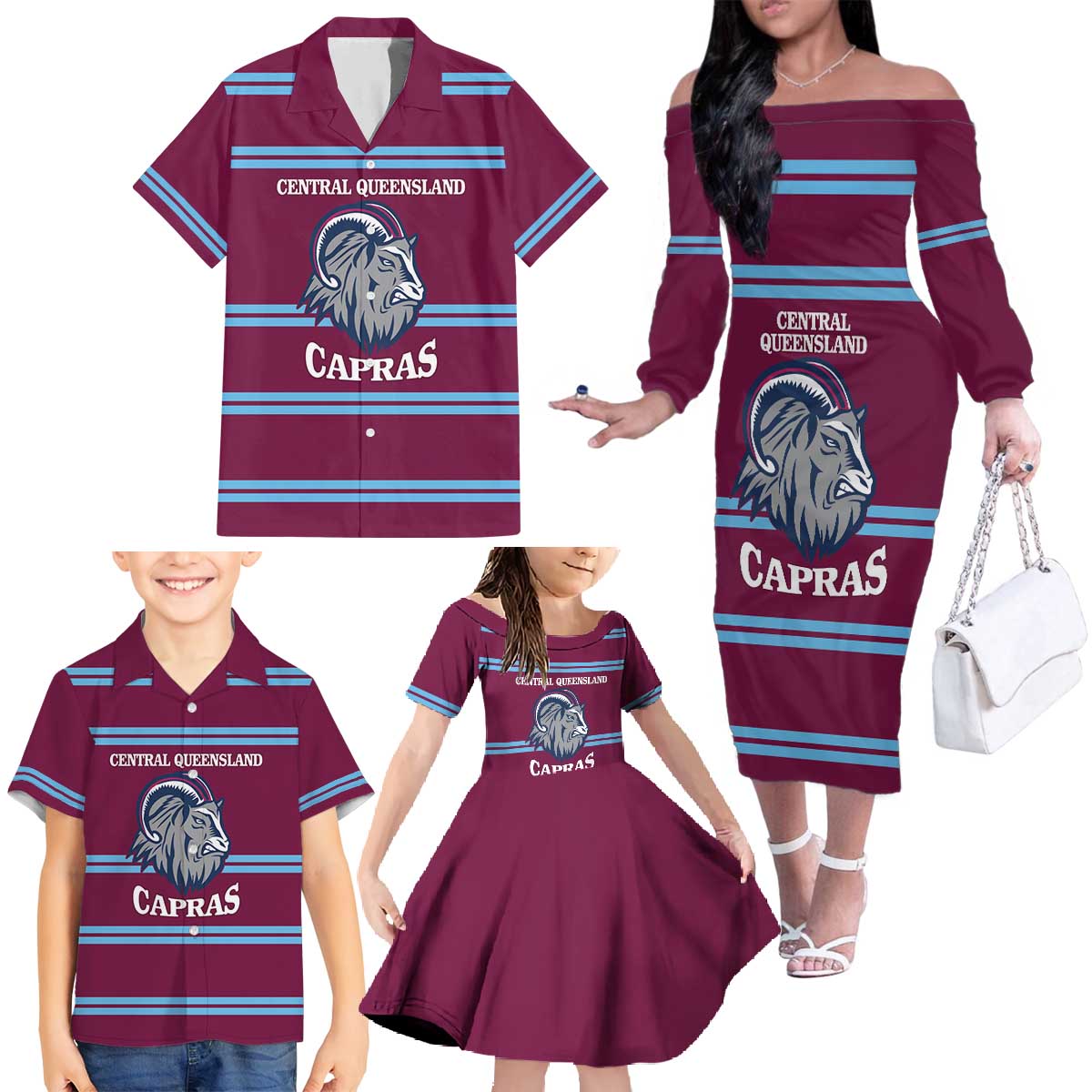 Central Queensland Rugby Custom Family Matching Off The Shoulder Long Sleeve Dress and Hawaiian Shirt Go Capras Sporty Style - Aussie Hoodie
