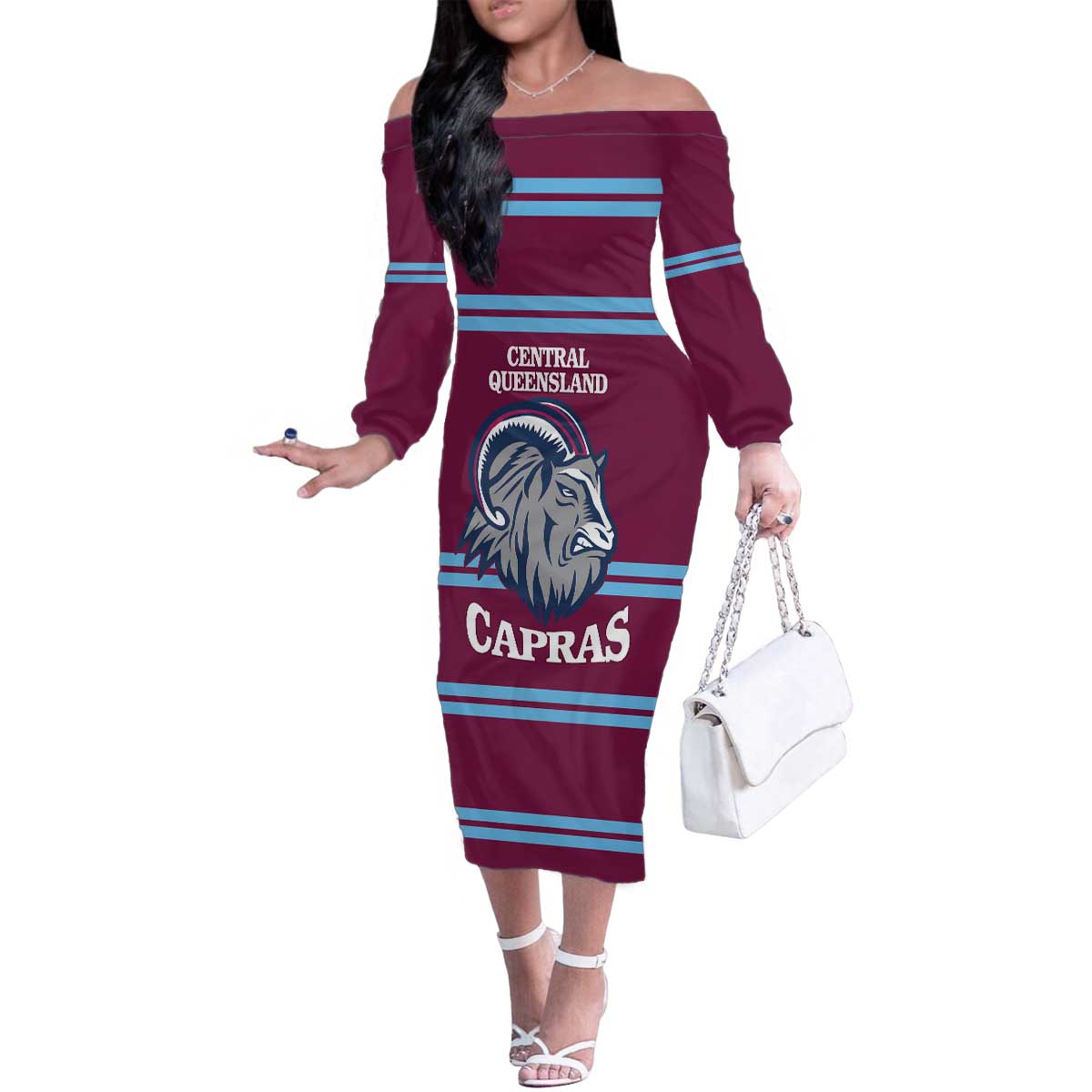 Central Queensland Rugby Custom Family Matching Off The Shoulder Long Sleeve Dress and Hawaiian Shirt Go Capras Sporty Style - Aussie Hoodie