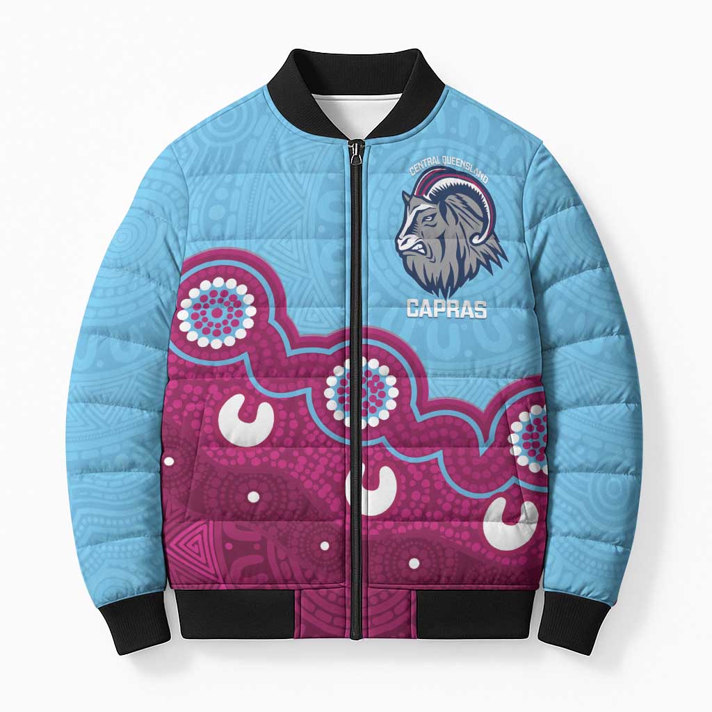 Central Queensland Rugby Custom Bomber Puffer Jacket Go Capras Aboriginal Art - Aussie Hoodie