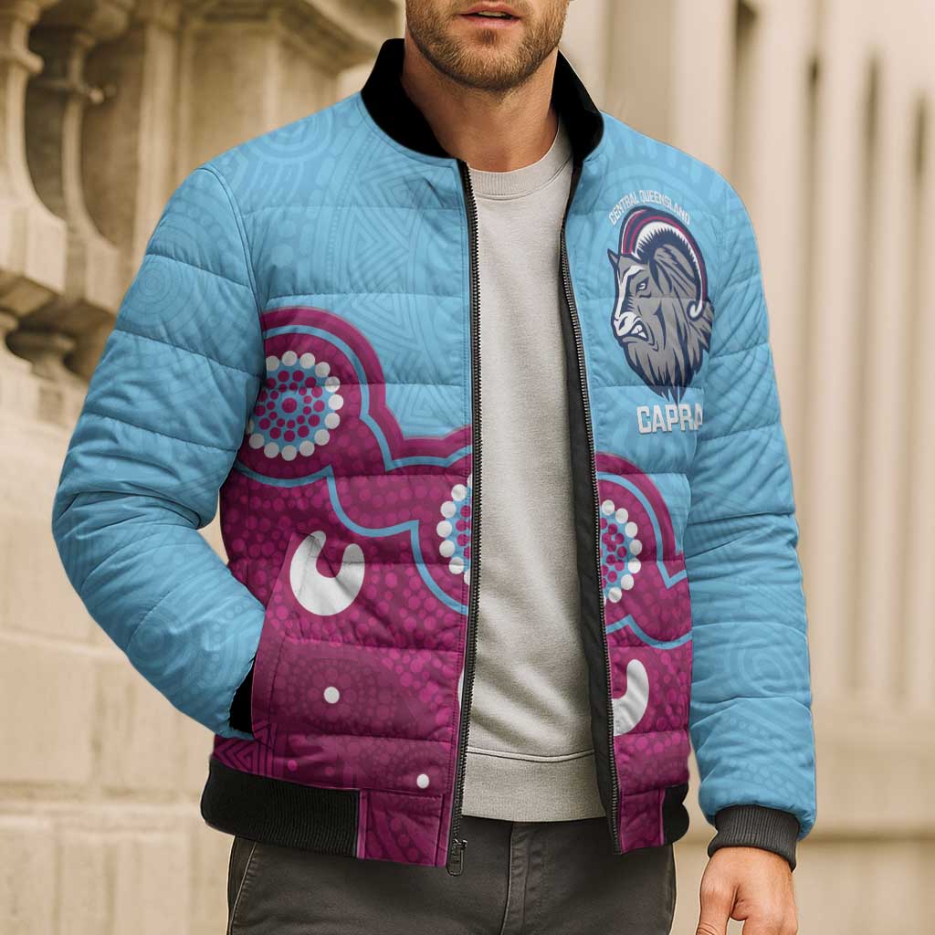 Central Queensland Rugby Custom Bomber Puffer Jacket Go Capras Aboriginal Art - Aussie Hoodie